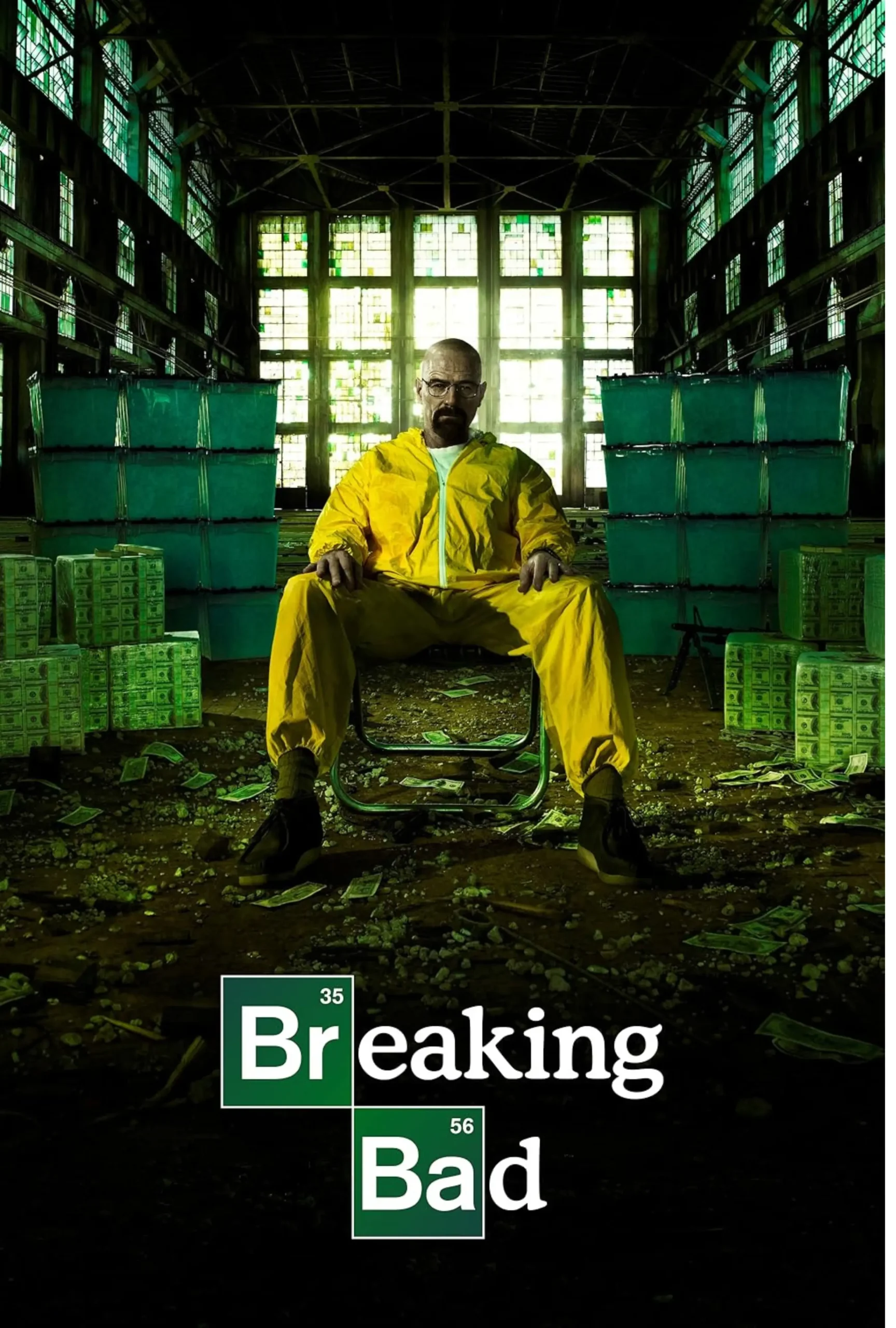 Breaking Bad television series poster showing Walter White seated in yellow hazmat suit with cash pallets