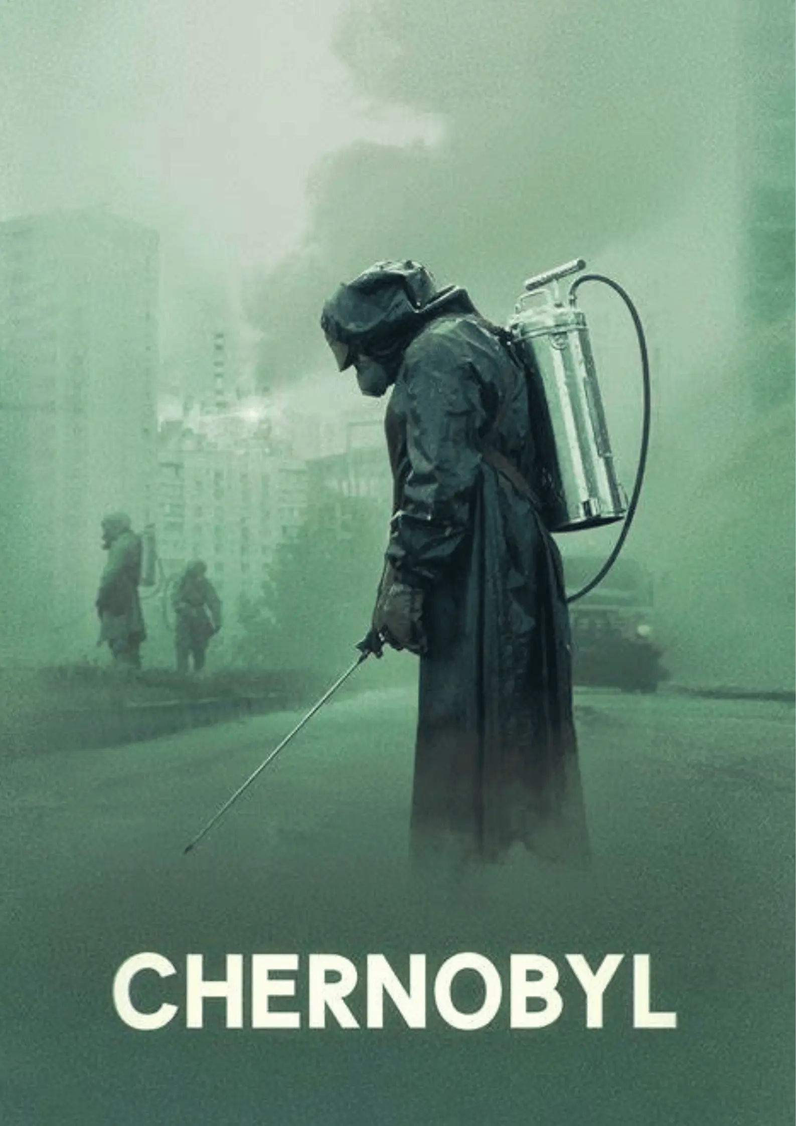 Chernobyl historical miniseries poster showing liquidator in chemical decontamination suit