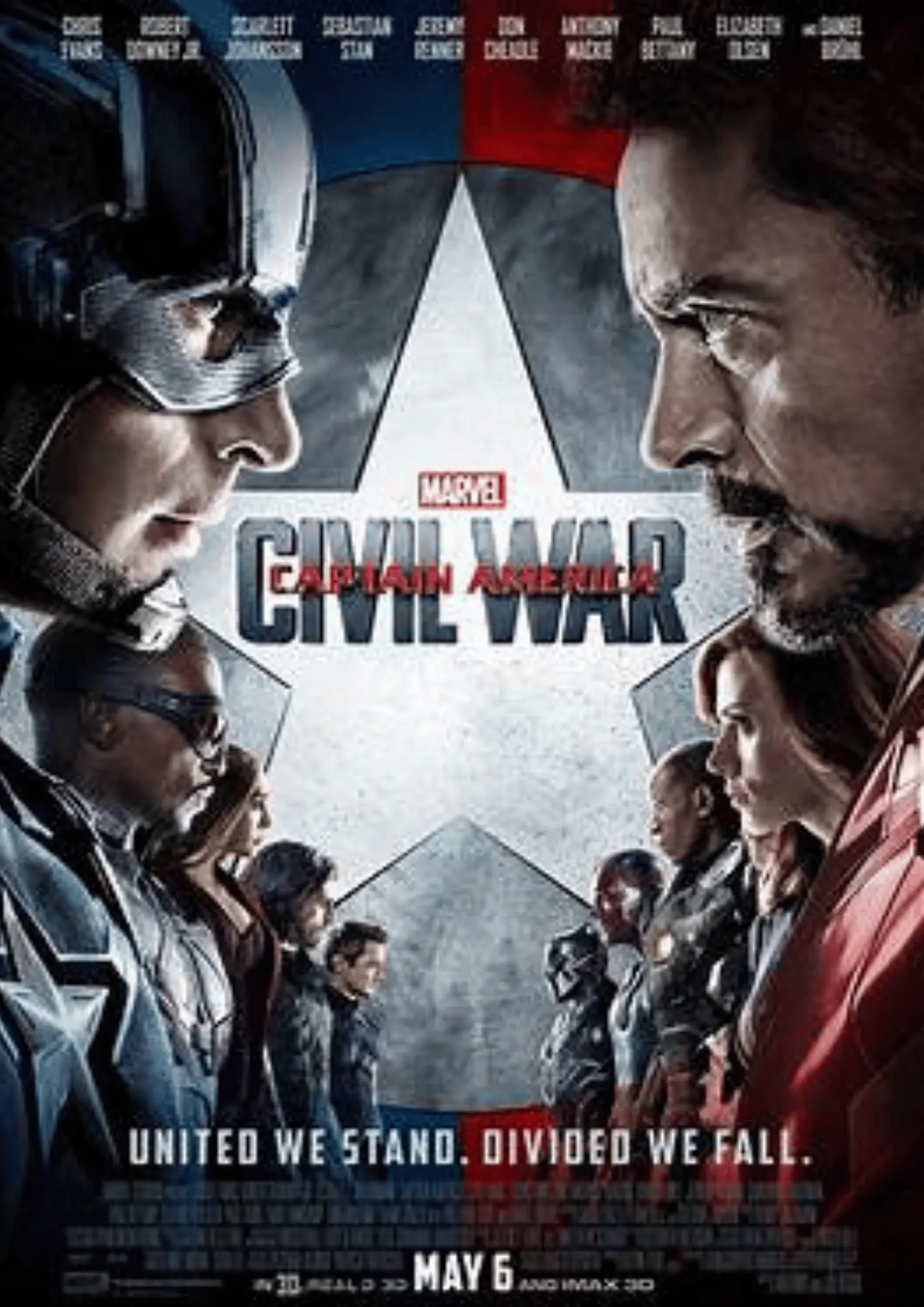 Captain America Civil War theatrical poster showing Captain America facing off against Iron Man