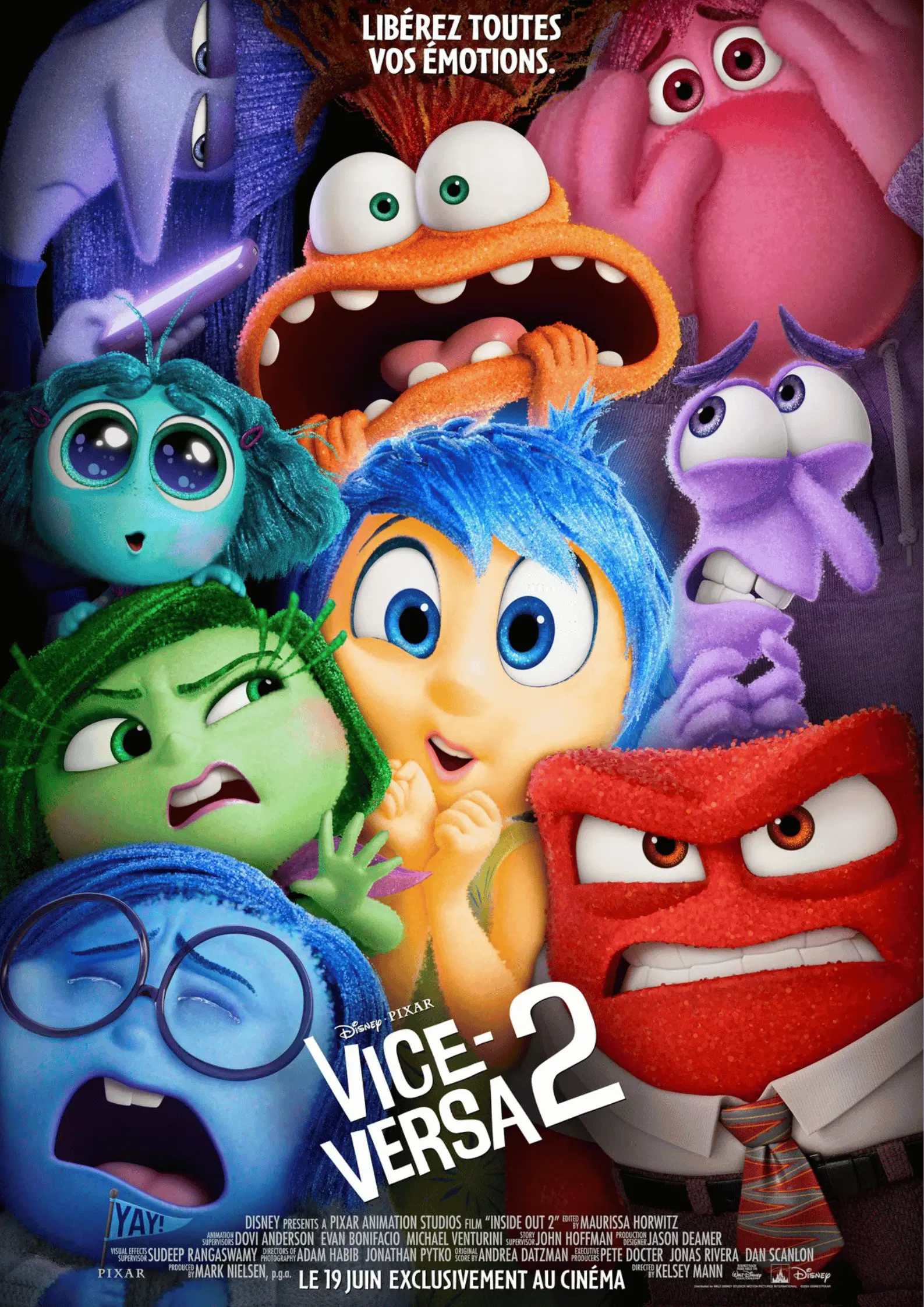Inside Out 2 animated movie poster featuring Joy, Sadness, Anxiety, Anger and the emotional cast