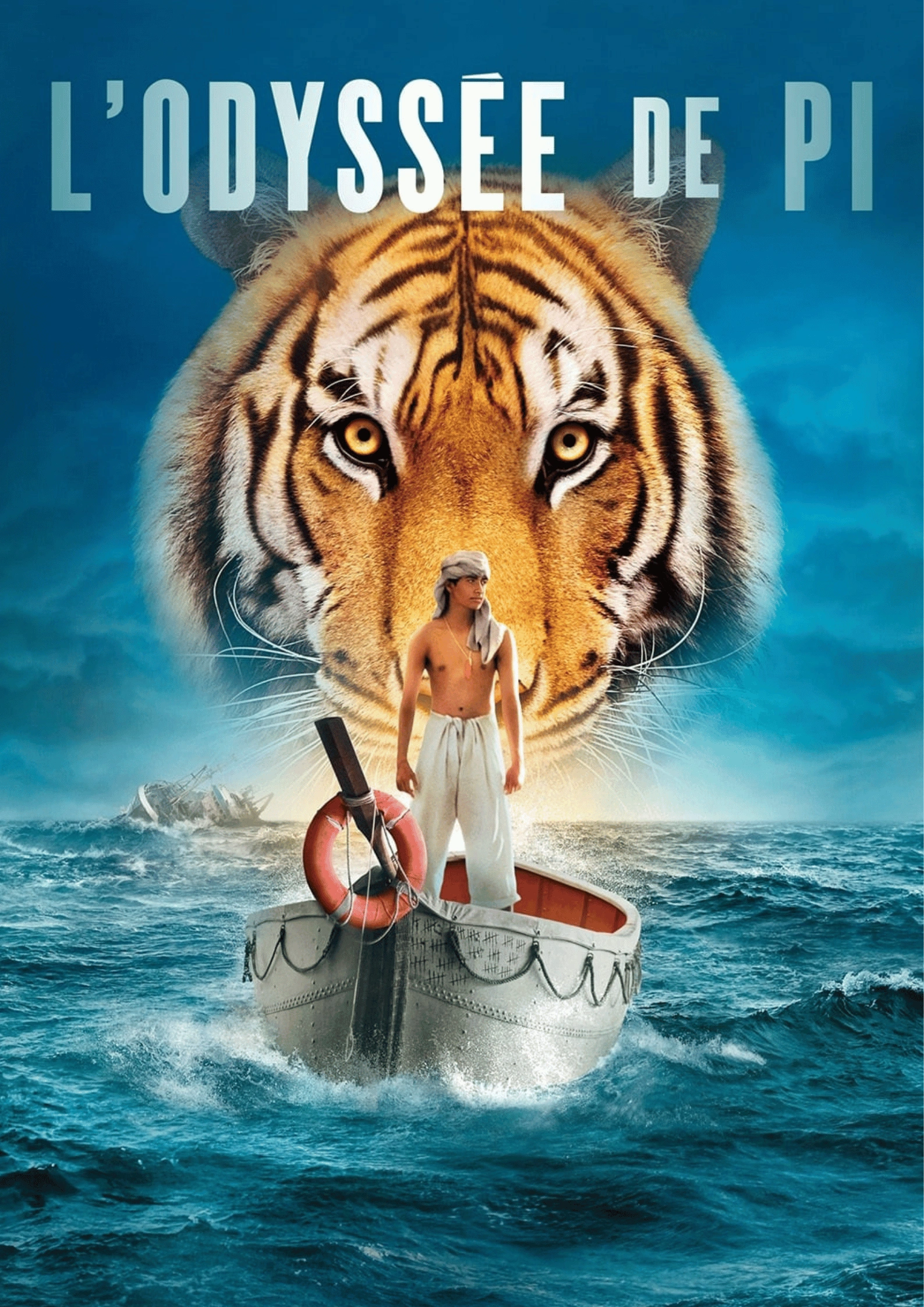 Life of Pi cinematic poster showing Pi Patel in lifeboat on ocean with Bengal tiger Richard Parker