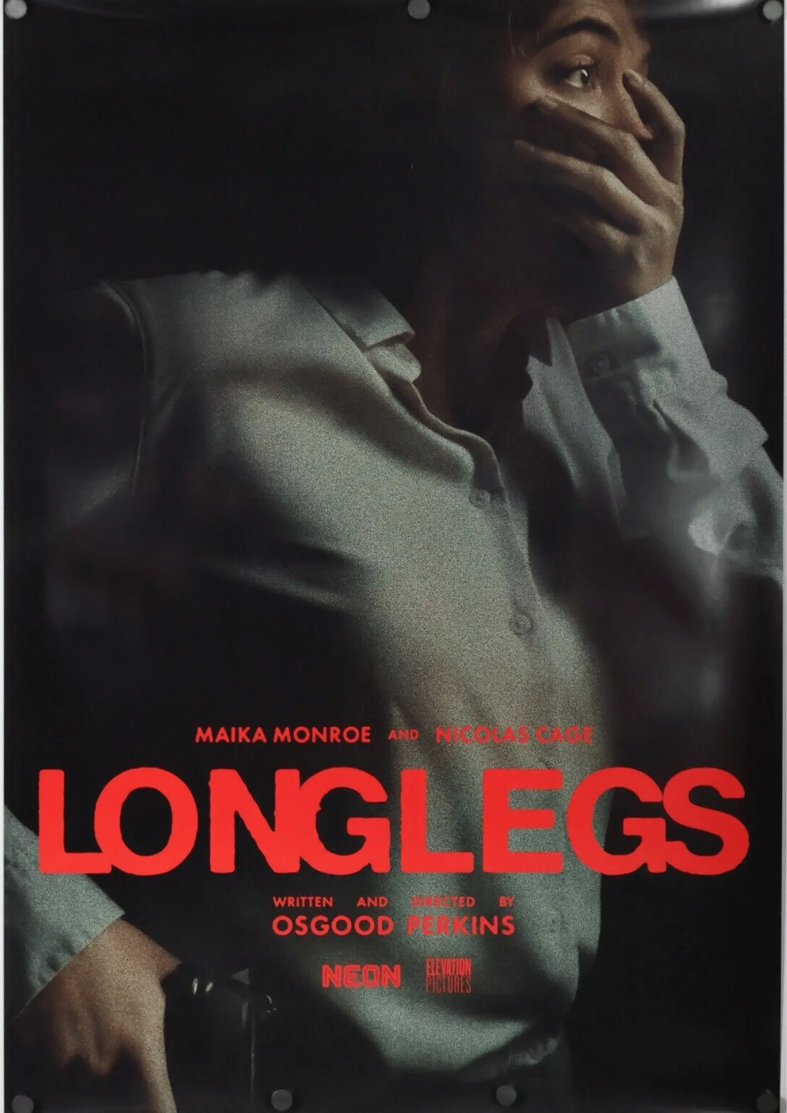 Longlegs psychological horror thriller movie poster starring Maika Monroe and Nicolas Cage