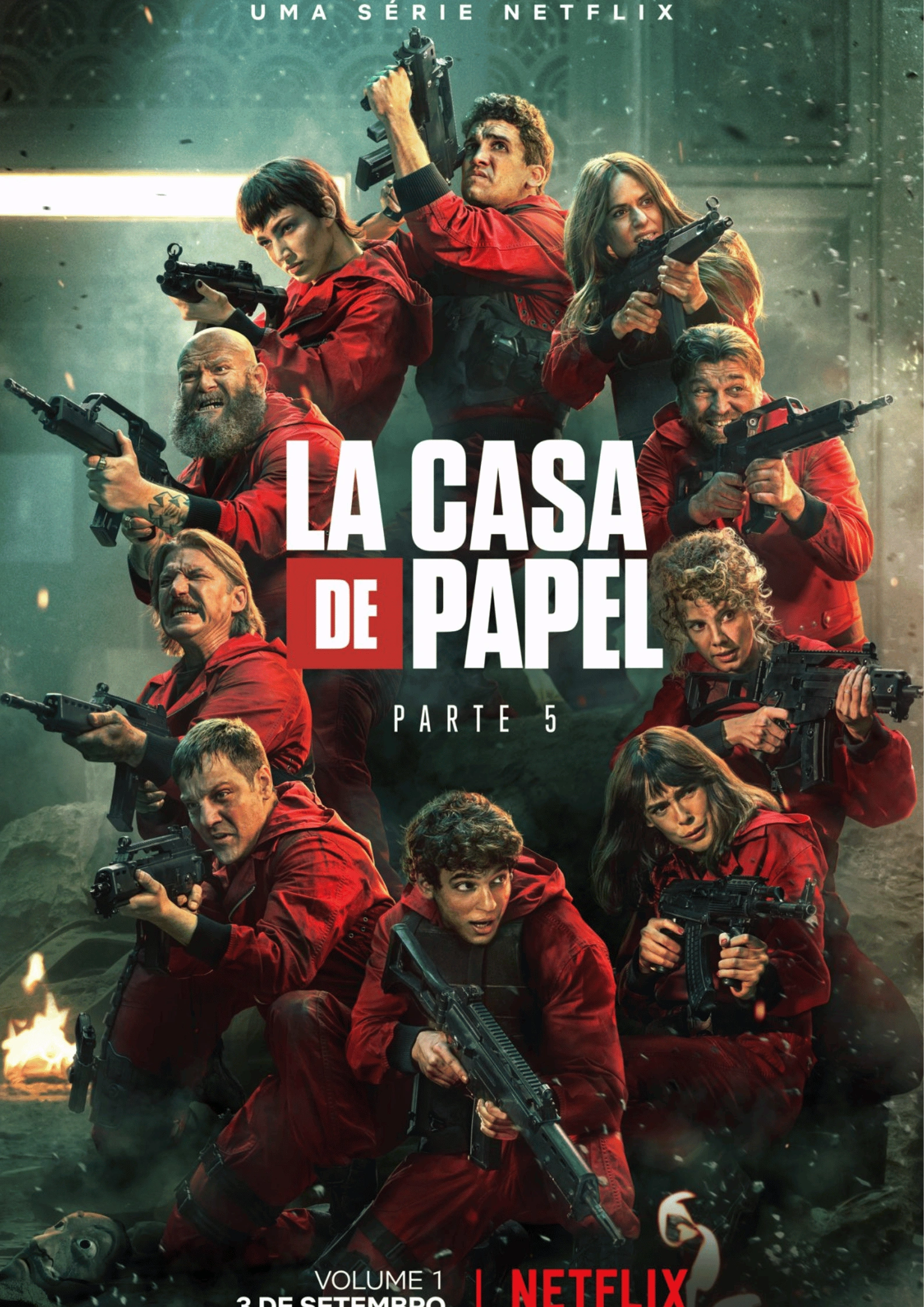 Money Heist (La Casa de Papel Part 5) poster showing the masked heist crew in red jumpsuits