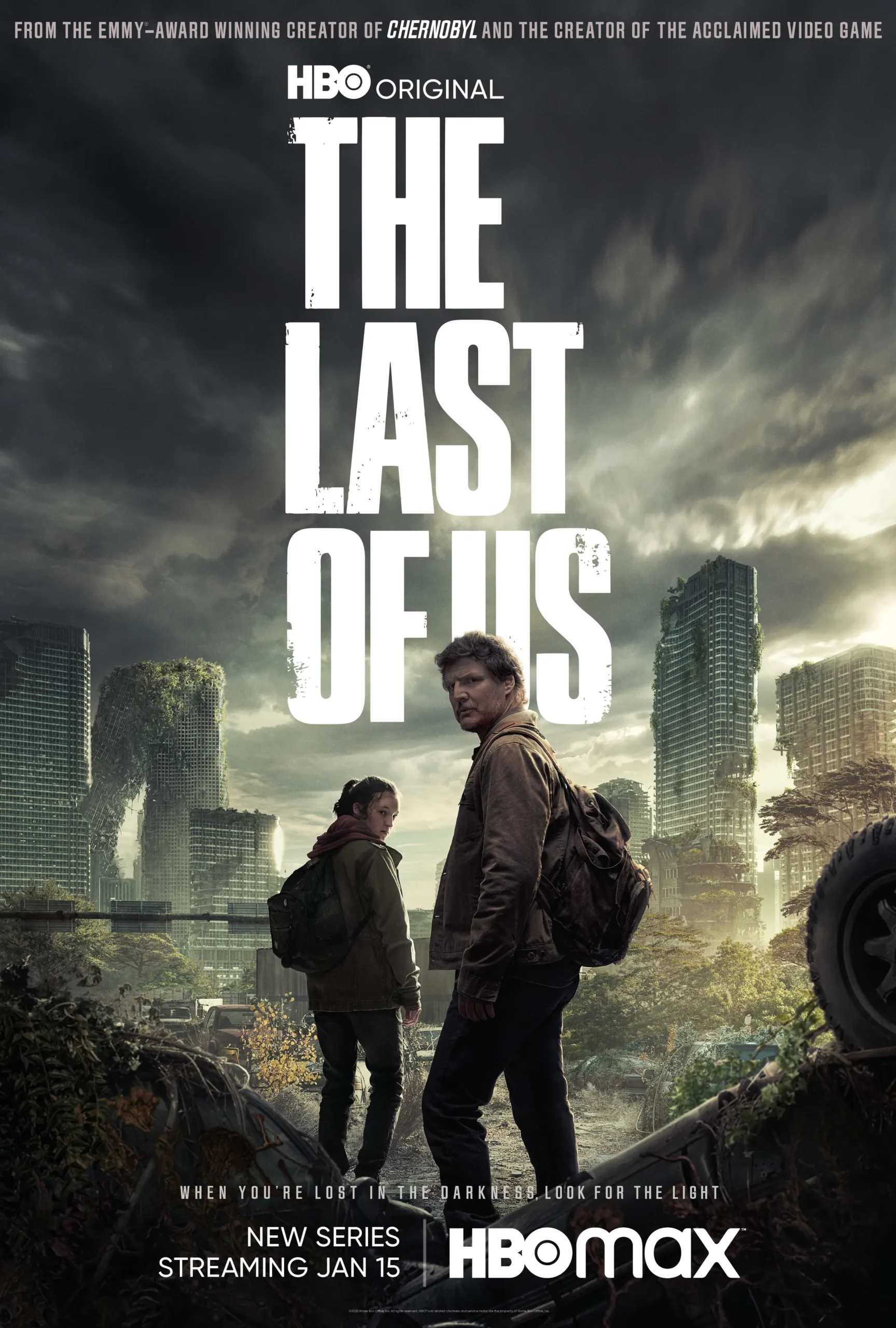 The Last of Us television series poster featuring Pedro Pascal and Bella Ramsey in post-apocalyptic Boston